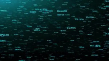 Koyu yeşil arkaplanda açık mavi sayılardan oluşan kaotik bir şablona sahip soyut dijital arkaplan.