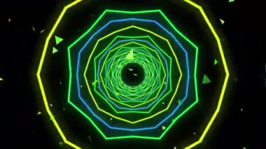 Siyah zemin üzerinde neon yeşil ve mavi parlayan çizgileri olan soyut geometrik desen.
