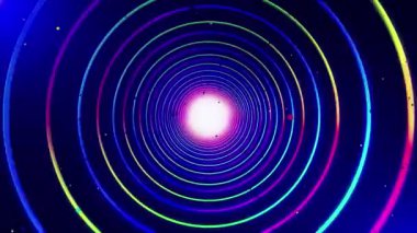 Merkezinde beyaz bir parıltı olan soyut neon dairesel desen.