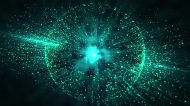 Karanlık bir arkaplanda parlayan parçacıklar ve radyal ışık demetleriyle soyut parlak gök küresi.