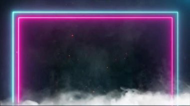 Pembe ve mavi neon çerçeveli soyut arkaplan dumanlı ve kıvılcımlı koyu bir arkaplan.