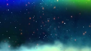 Siste parlayan parçacıklar içeren mavi, yeşil ve sarı renklerle soyut arkaplan.