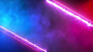 Mavi ve mor dumanlı arka planda çapraz pembe neon ışık çizgileri.