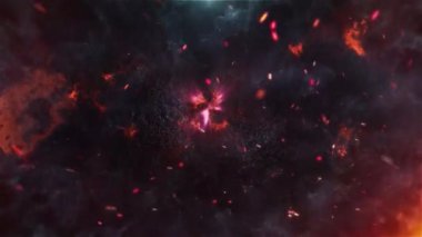 Havada yüzen kırmızı ve turuncu közlü koyu soyut arka plan.