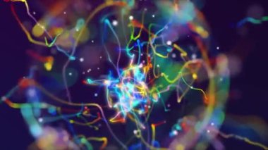 Soyut renkli parlayan çizgiler koyu arkaplanda bir küre oluşturur.