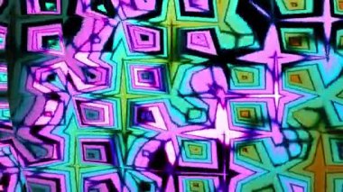 Renkli geometrik şekiller ve canlı renklerle soyut psikedelik desen.