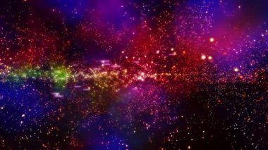 Parlayan yıldızları ve karanlık uzay arka planında kozmik tozları olan canlı, renkli bir nebula..