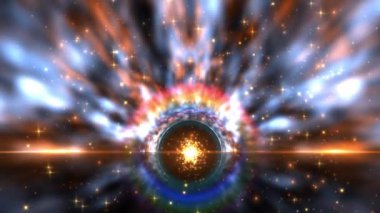 Parlayan bir kara deliğe sahip soyut kozmik arkaplan, dönen nebula ve bir galaksi dolusu yıldızla çevrili..
