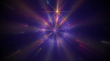Soyut ışık ışınları ve ışıltılar koyu mor bir arkaplanda dairesel bir desen oluşturuyor..