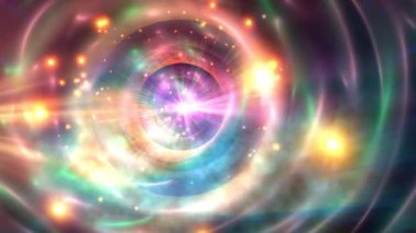 Merkezinde parlak bir ışık kaynağı bulunan soyut kozmik arkaplan, parlayan halkalar ve nebula ile çevrili..