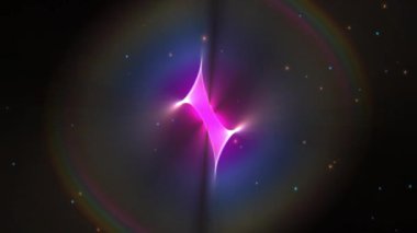 Soyut pembe ve mavi ışık, parlak gökkuşağı mercekli siyah bir arkaplanda iz bırakır..