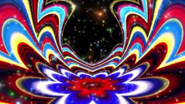 Merkezinde parlak bir çiçek bulunan, gökkuşağı renkli dalgalarla parlayan soyut psikedelik arkaplan.