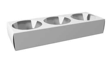 Üç dairesel girintili beyaz dikdörtgen tepsi, muhtemelen küçük öğeler veya yiyecek porsiyonları tutmak için tasarlanmış..