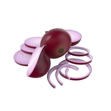 Kırmızı soğan koleksiyonu, bütün ve dilimlenmiş parçalar, canlı renklerini ve dokularını sergiliyor..