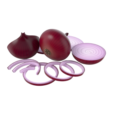 Tam soğan ve dilimlenmiş halkalardan oluşan kırmızı soğan koleksiyonu, canlı renklerini ve dokularını sergiliyor..