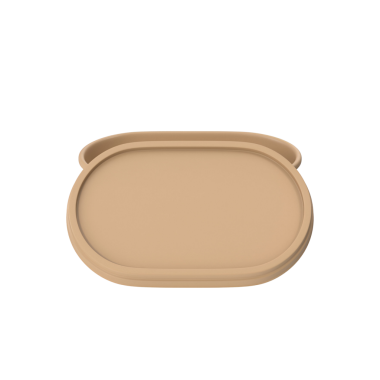 Nötr bir renkte minimalist oval tepsi, öğeleri düzenlemek veya hizmet etmek için tasarlanmıştır..