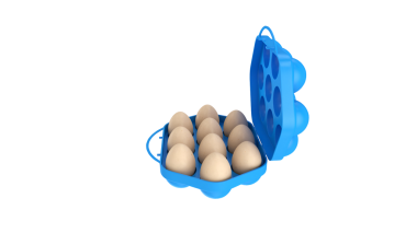 İçinde on yumurta bulunan mavi bir yumurta kutusu yumurtaları depolamak ve taşımak için basit ve pratik bir tasarım sergiliyor..