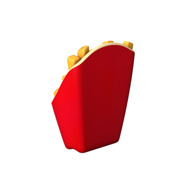 Tipik bir fast food ürünü olarak sunulan bir konteynır dolusu altın patates kızartması klasik kırmızı bir ambalaj sergiliyor..