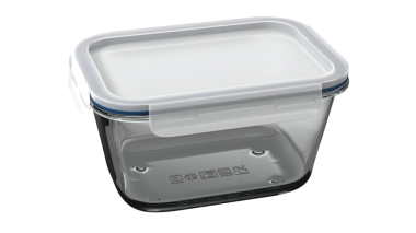 Şeffaf cam gıda depolama kabı. Kapağı var. Yemekleri taze ve düzenli tutmak için ideal..