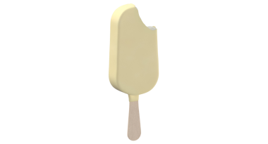 Isırılmış, kremsi dokusu ve ahşap sopasıyla sergilenen basit bir dondurma barı..