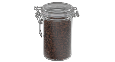 Kavrulmuş kahve çekirdekleri ile dolu temiz cam bir kavanoz, depolama ve teşhir için içeriğini gösterir..
