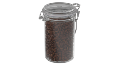 Kavrulmuş kahve çekirdekleri ile dolu cam bir kavanoz. Tazeliği korumak için pratik bir depolama çözeltisi sunuyor..