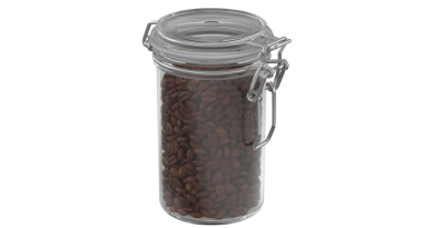 Kahve çekirdekleri ile dolu cam bir kavanoz depolamak ve tazeliği korumak için ideal..