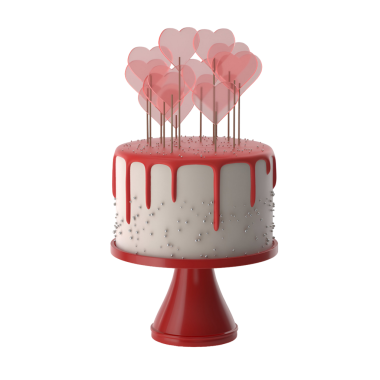 Kırmızı kalp süslemeleriyle süslenmiş bir pasta. Yıldönümleri ya da Sevgililer Günü gibi kutlamalar için mükemmel..