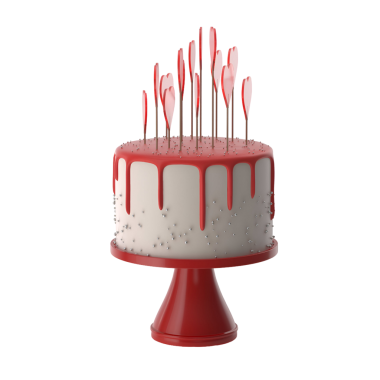 Kırmızı kremalı ve kalp şeklinde mumları olan dekoratif bir pasta. Doğum günleri ya da yıldönümleri gibi kutlamalar için mükemmel..