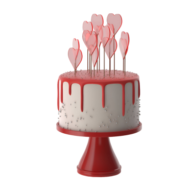 Üzerinde kalp şeklinde mumlar olan bir pasta. Doğum günleri ya da yıldönümleri gibi kutlamalar için mükemmel..