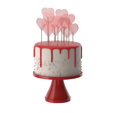 Süslü bir pasta, beyaz tabanlı, kırmızı damlayan krema, ve kalp şeklinde toplar, kutlamalar için mükemmel..