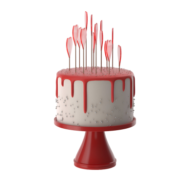 Kırmızı kremalı ve kalp şeklinde süslemeleri olan güzel dekore edilmiş bir pasta. Doğum günleri ya da yıldönümleri gibi kutlamalar için mükemmel..