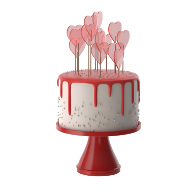 Kırmızı damlalar ve kalp şeklinde süslemelerle süslenmiş bir pasta. Yıldönümleri ya da Sevgililer Günü gibi kutlamalar için mükemmel..