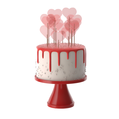 Kalp şeklinde süslemelerle süslenmiş, doğum günleri ya da yıldönümleri gibi kutlamalar için mükemmel bir pasta..