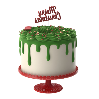 Yeşil şekerle süslenmiş, kırmızı aksanlı ve üstünde kutlama için mükemmel neşeli bir bayram mesajı olan bir pasta..