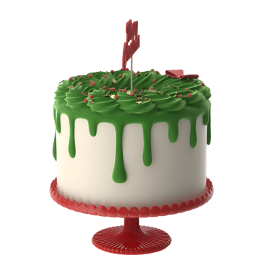 Yeşil kremalı ve dekoratif unsurlu bir pasta. Kutlamalar ya da özel durumlar için mükemmel..