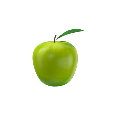Canlı yeşil bir elma, parlak bir yüzeyi ve tazeliği ve sağlığı temsil eden küçük bir yaprağı var..