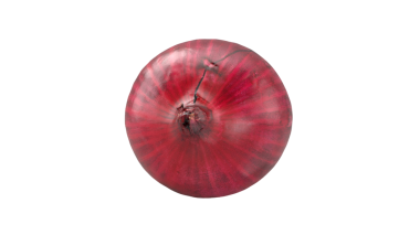 Kırmızı soğanın üst görüntüsü pürüzsüz, parlak derisini ve yuvarlak şeklini gözler önüne seriyor..