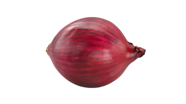 Düz bir arkaplanda tek bir kırmızı soğan, pürüzsüz derisini ve canlı rengini vurguluyor..