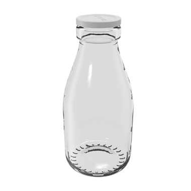 Süt ya da meyve suyu gibi içecekleri depolamak ve servis etmek için basit bir tasarımı olan temiz bir cam süt şişesi..