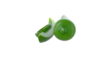 Bir çift yeşil şişe kapağı, bir hafif aralık, pürüzsüz, parlak bir kapağı var..