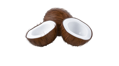 Üç hindistan cevizi yarısı, tüylü kahverengi dış kabuklu ve beyaz iç kabuklu, genellikle pişirme ve dekorasyonda kullanılır..