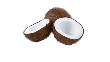 Üç hindistan cevizi yarım sergileniyor, kahverengi dış kabuklarını ve beyaz iç etlerini sergiliyorlar, aşçılık için mükemmel..