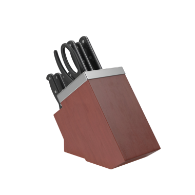 Birkaç mutfak bıçağı tutan tahta bir blok, organize ve pratik mutfak aletleri depolama çözeltisi sergiliyor..