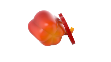 Emzik tasarımlı, yiyecekleri ve eğlenceli elementleri harmanlayan stilize kırmızı bir dolma biber..