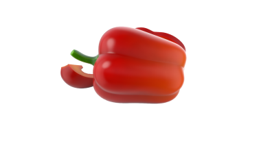 Canlı kırmızı bir dolma biber, pürüzsüz derisini ve yeşil sapını sergiliyor, aşçılık ve sağlıklı beslenmek için ideal..