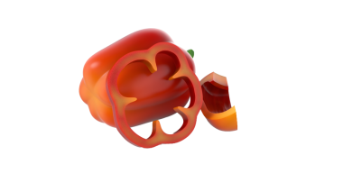 Canlı kırmızı bir dolma biber, kısmen dilimlenmiş, içini gösteriyor ve bir parça kesilmiş..