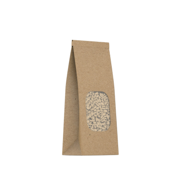 İçinde küçük beyaz fasulyeler olan şeffaf bir penceresi olan kahverengi bir kese kağıdı..