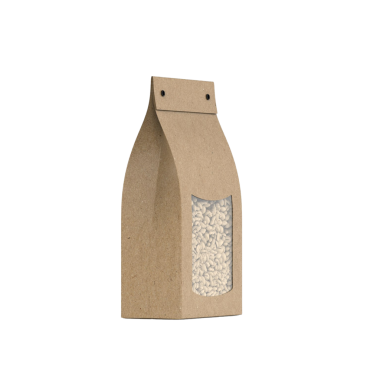 Şeffaf pencereli bir karton paket, içeriğini gösteriyor, muhtemelen yiyecek ya da tahıl..