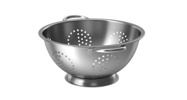 Makarna ya da sebze yıkama gibi yiyeceklerden sıvı çekmek için kullanılan delikli paslanmaz çelik kevgir..